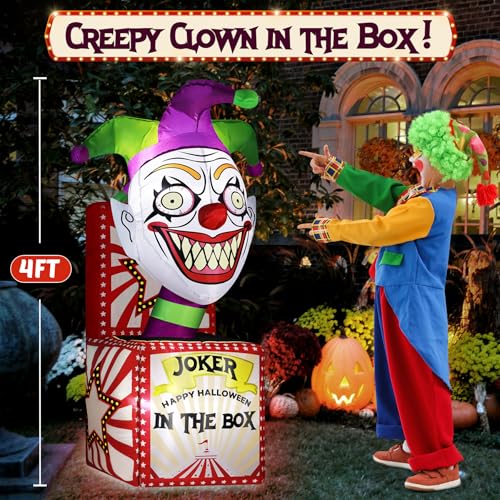 4Ft Halloween Inflatable Clown Box with Bright LED Lights Outdoor Spooky Yard Decor