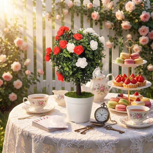 Wonderland Tea Party Rose & Topiary Tree Centerpiece - Artificial Garden Decor - 16 Inch - Variation of THIS listing