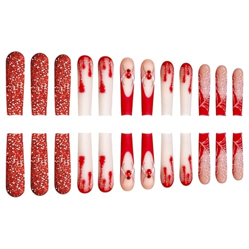Halloween Press On Nails Long Square with Spider Web Rhinestone Set - Variation 26
