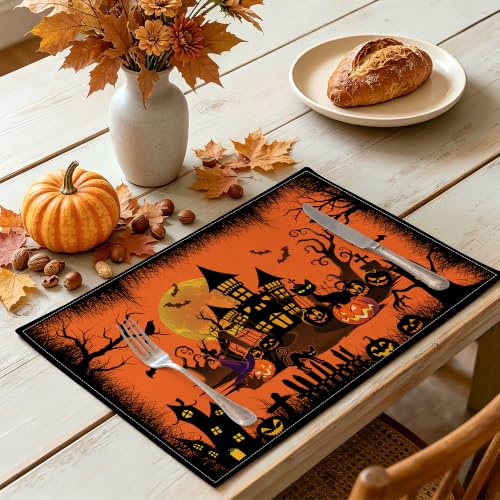 Halloween Placemats Set of 4 - Orange Castle 12x18 Inch Rectangular Table Decor