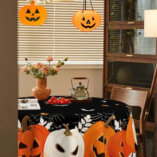 Halloween Round Tablecloth 60x60 Inch Pumpkin Ghost Holiday Decor - Black