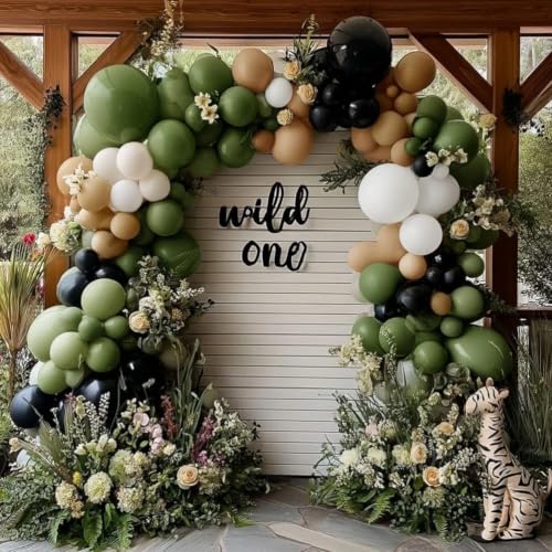 Black Sage Green Balloon Garland Kit - Double Stuffed Olive Green & Nude for Jungle Safari Birthday