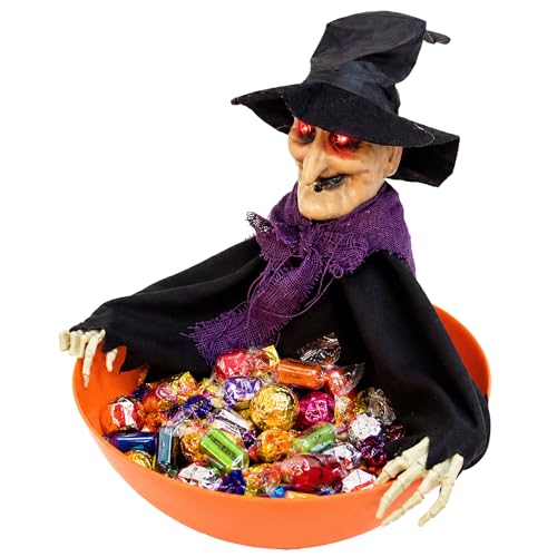 Animated Halloween Witch Candy Bowl with Moving Arms & Glowing Eyes