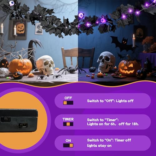 6FT Black Maple Leaves Halloween Garland with 20 LED Purple Lights