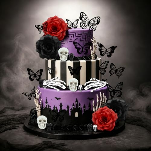 Gothic Cake Decorations Set - Skull, Butterfly & Rose Toppers for Halloween & Dark-Themed Cakes