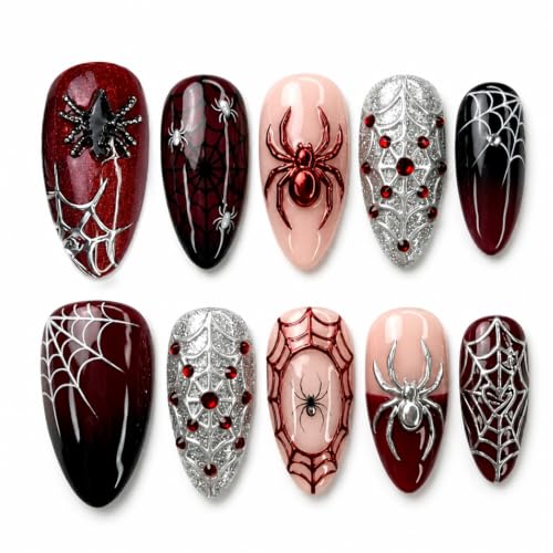Halloween Press On Fake Nails Almond 3D Spider Web Red Black - Variation of THIS listing