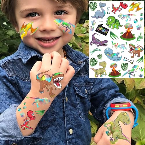 Dinosaur Temporary Tattoos Set - Iridescent Metallic 3D Dino Stickers for Kids & Teens - Variation: Dinosaur