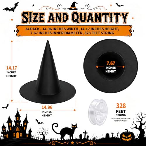 24-Pack Black Witch Hats for Halloween Costume & Party Decor - Indoor Outdoor