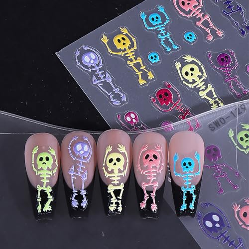 Halloween Nail Stickers - 10 Sheets Colorful Skeleton Pumpkin 5D Embossed Decals for Nail Art