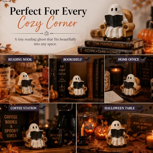 Indoor Halloween Ghost Reading Book Figurine - Cozy Spooky Home Decor - Brown Variation