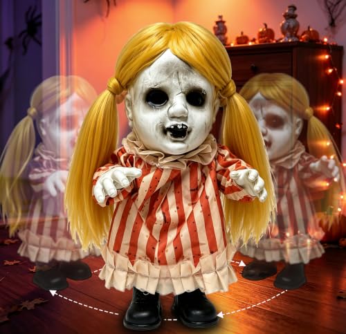 Sound Activated Halloween Girl Doll Animatronic - 13 Inch Spooky Moving Decor