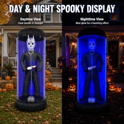 7.6FT Halloween Inflatable Outdoor Decoration with Blue LED Lights - Caged Masked Killer Yard Decor - Variation: Blue