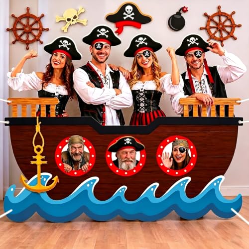 Pirate Party Decorations Kit with Large Ship Backdrop, Hats & Props for Birthday Halloween Events