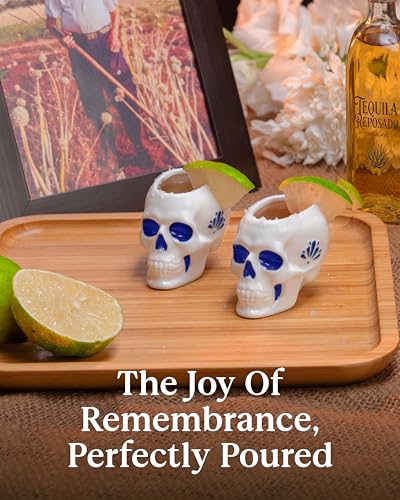 White & Blue Skull Shot Glasses Set of 4 - Día de los Muertos Handcrafted Ceramic Skull Glasses 2oz