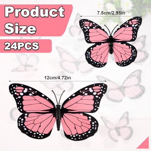 24Pcs Butterfly Magnets for Wall Refrigerator Craft Decor - Pink