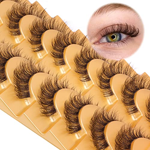 Brown Cat Eye False Eyelashes Wispy Fluffy Faux Mink Natural Look with Clear Band - Variation of Brown & Fluffy