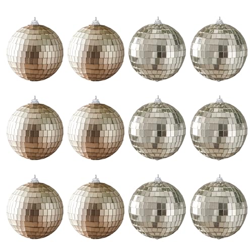 Disco Ball Set of 12 Gold Mirror Ornaments for Party & Holiday Decor