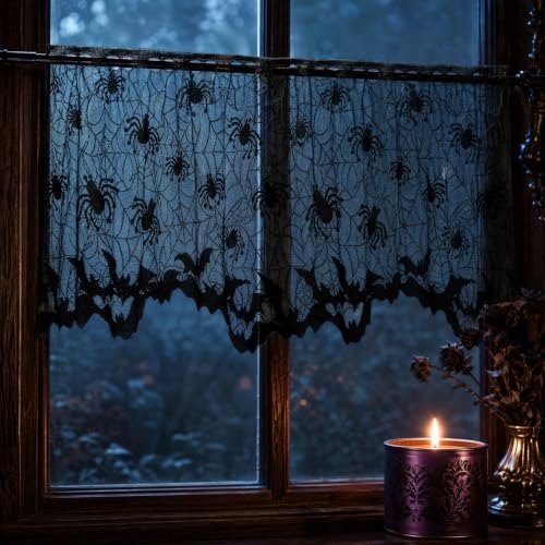 VALICLUD 4pcs Halloween Black Lace Window Curtain with Spider Web Bats - 60 Inch Decor