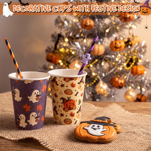 Halloween Disposable Coffee Cups 12 oz with Dome Lids & Sleeves Fall Ghost Style - 100 Pack