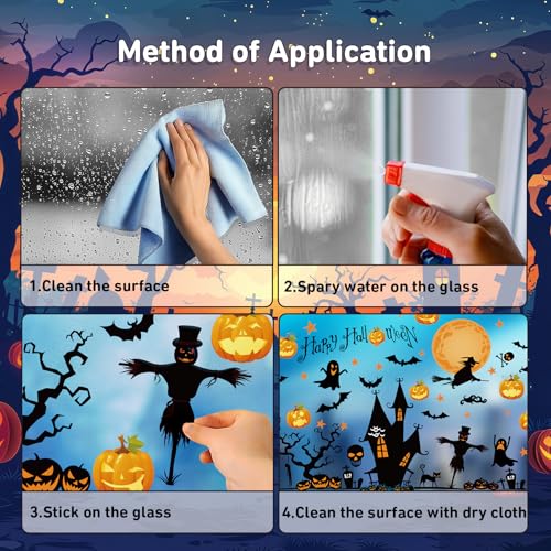 Halloween Window Clings - Moon Witch Design, 4 Sheets, Halloween Decorations