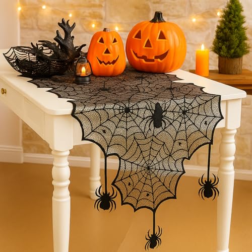 Halloween Table Runner Black Lace Spider Web Decor, 18 x 72 Inches - Spooky Party Tablecloth with Spiders - Windkream