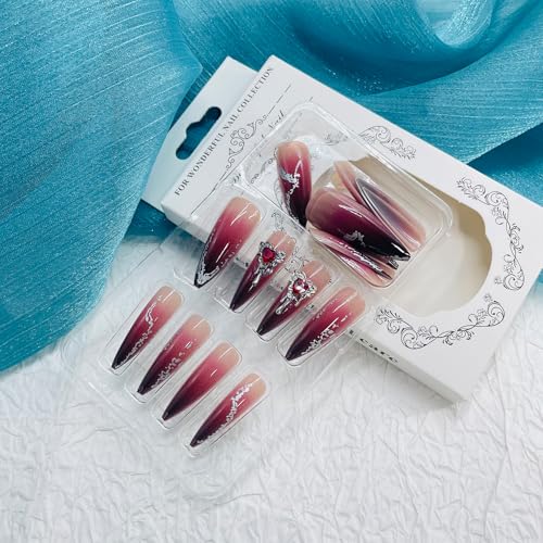 Halloween Long Stiletto Fake Nails with Red Rhinestones & Designs - Black & Red Gradient, 24 Pack - Variation 4