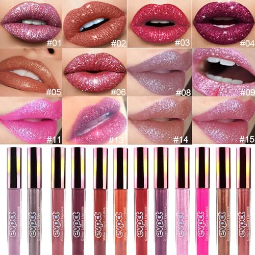 Long Lasting Glitter Lipstick Set - 12 Bright Red & Sparkle Matte Lip Gloss