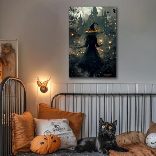 Halloween Witch and Haunted House Canvas Wall Art - Style 3 24x16 Inches Halloween Decor