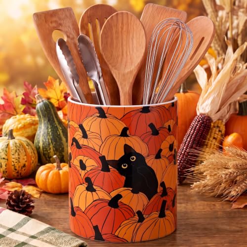 Fall Utensil Holder Black Cat Pumpkin with Orange Pumpkin Variation - Farmhouse Kitchen Decor