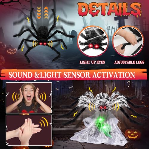 Halloween Spider Web Decoration Set with 2 Animatronic Spiders - Gray-Black, 3 Pieces