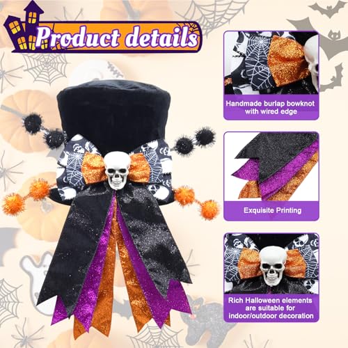 Halloween Tree Topper Hat with Wired Bow and Skull - Black Velvet Decor