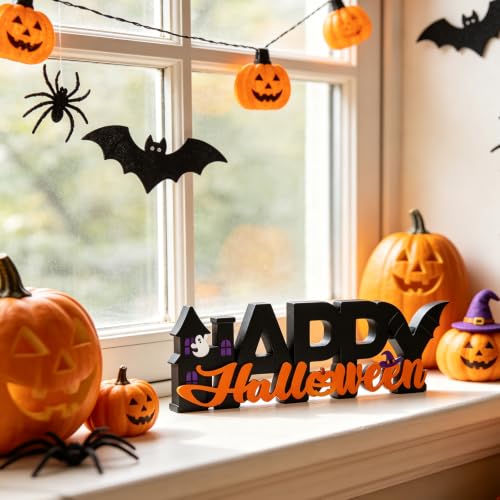 Wooden Halloween Table Decorations - Spooky Pumpkin Ghost Festive Centerpiece