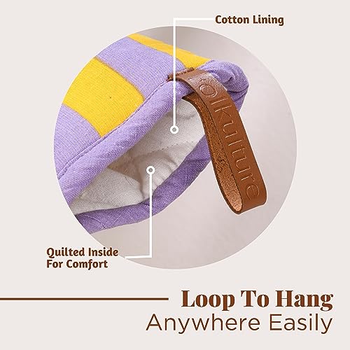 Mini Silicone Oven Mitts Set of 2 - Heat Resistant, Non-Slip Grip, Purple & Yellow Striped - Viola Variation