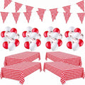 Gingham Party Supplies Set with Tablecloths Balloons & Flags - Red & White