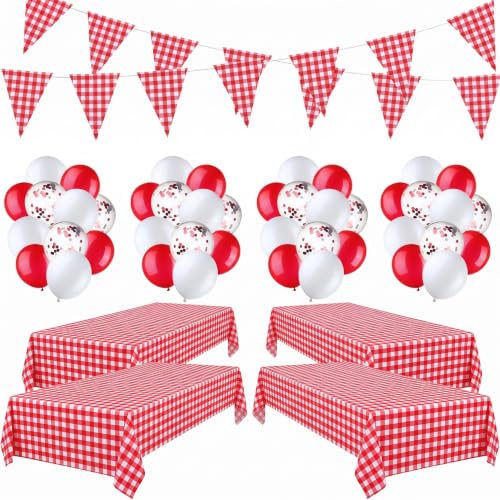 Gingham Party Supplies Set with Tablecloths Balloons & Flags - Red & White