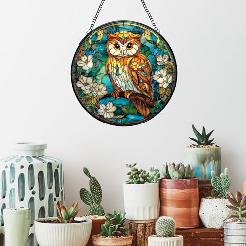 7.9-Inch Stained Glass Owl Sun Catcher with Metal Frame for Windows & Walls - Indoor Decor