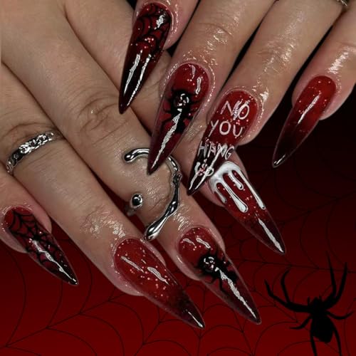 Halloween Press-On Nails Long Stiletto with Spider Web Glitter Design - Style D23, Red Black Ombre, Reusable Fake Nails, 24 Pieces
