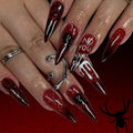 Halloween Press-On Nails Long Stiletto with Spider Web Glitter Design - Style D23, Red Black Ombre, Reusable Fake Nails, 24 Pieces