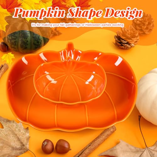 Pumpkin Shaped Ceramic Dinnerware Set - Orange Fall Plates & Bowls for Thanksgiving Halloween