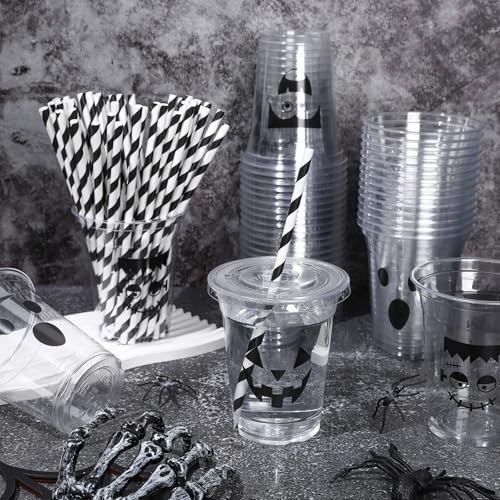 Halloween Face Disposable Plastic Cups with Lids & Straws - 12 oz Party Favors