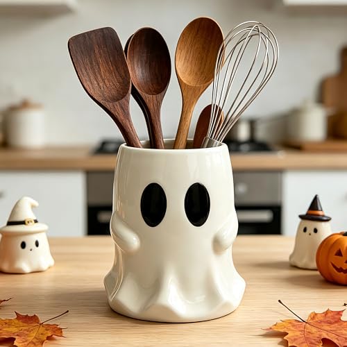Halloween Ghost Ceramic Utensil Holder - Spooky Kitchen Decor, Halloween Ghost Variation