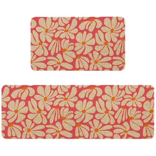Pink Daisy Floral Kitchen Rugs Set - Non-Slip Indoor Mats for Kitchen & Home Decor, 2-Piece