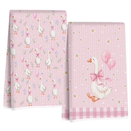 2 Pcs Pink Bow Goose Kitchen Towels - Cute Floral Dish Hand Towels - Multi 1546
