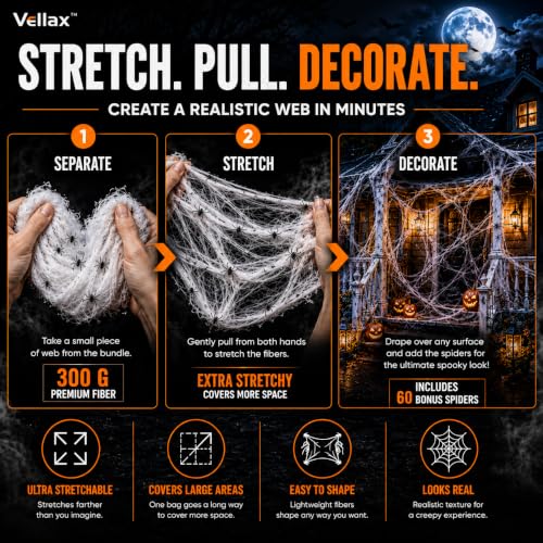 Vellax Halloween Spider Web Decorations 300g with 60 Spiders - Indoor & Outdoor Spooky Decor
