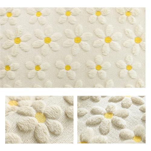 Beige Soft Plush Faux Fur Jacquard Daisy Table Runner - 13 x 72 Inches
