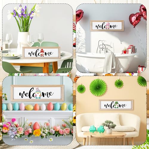 Interchangeable Wooden Seasonal Welcome Sign with Gnome Magnet Icons - Holiday & All Seasons Decor