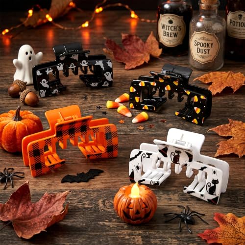 Halloween Hat-Friendly Hair Claw Clips - Ghost, Cat, Witch & Candy Corn Styles - 4 Pack - Halloween