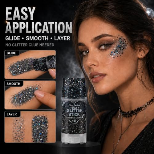 Black Body Glitter Stick for Face & Hair Halloween Makeup - Sparkling & Waterproof