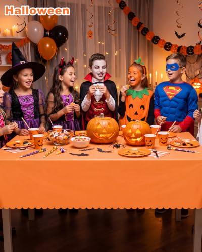 Orange Plastic Tablecloth 3 Pack - Scalloped Fall Halloween Table Cover 54x108 Inches