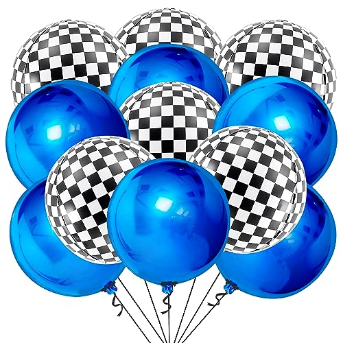 Large Checkered Balloons Pack of 12 - Racing Flag & Blue Foil Balloons for Birthday & Party Decor
